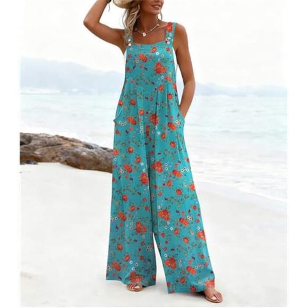 Women's Casual Overalls Loose Wide Leg Jumpsuit Summer Boho Baggy Romper - Picture 2 of 5